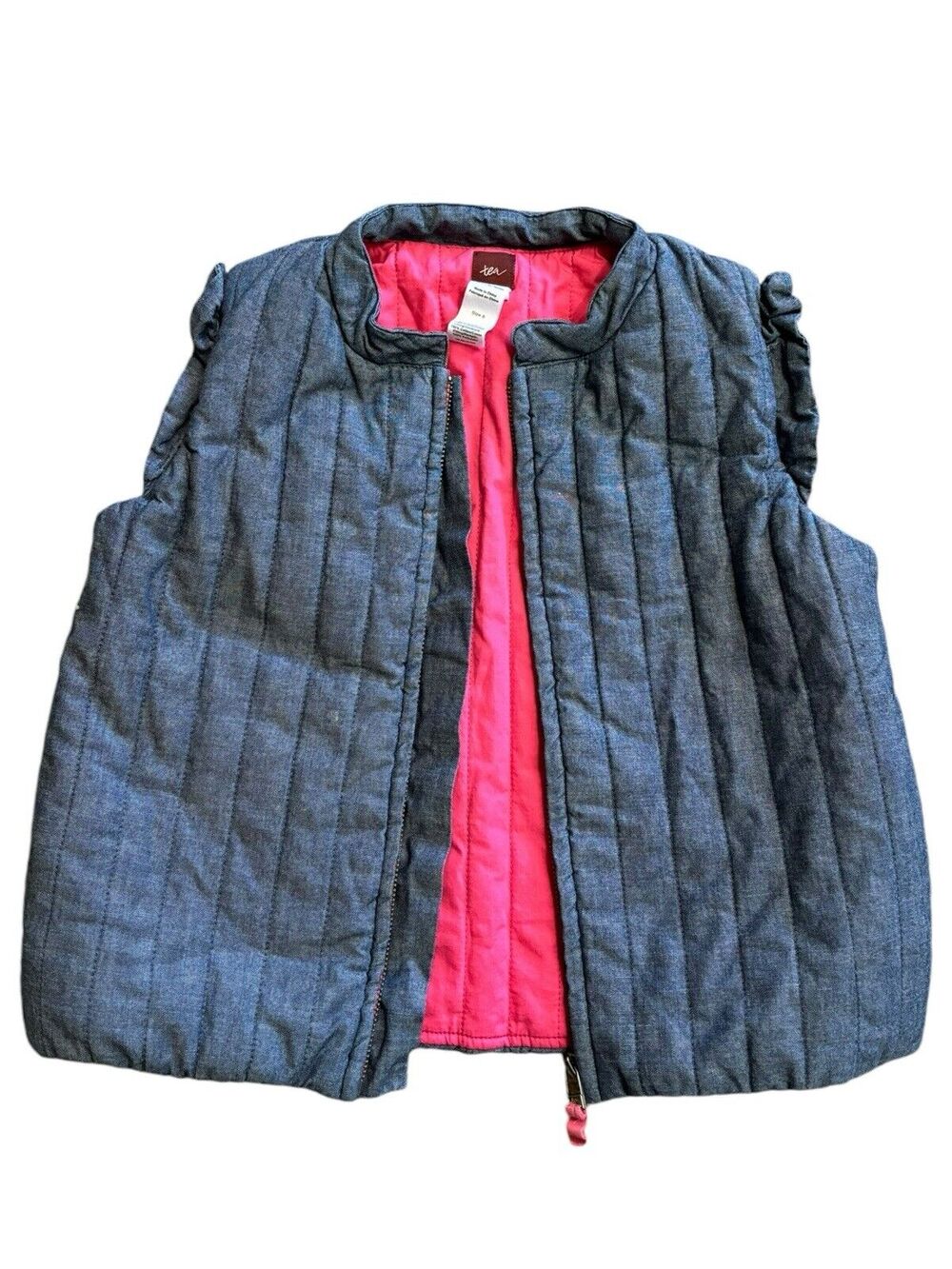 Tea Collection Chambray Blue Lightweight Puffer Vest Ruffle Detail Girls Size 8